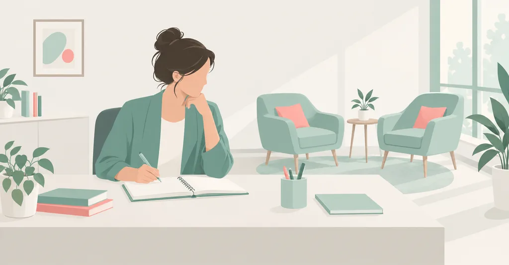 Profesional de psicología revisando notas y preguntas pendientes antes de una sesión en una consulta.