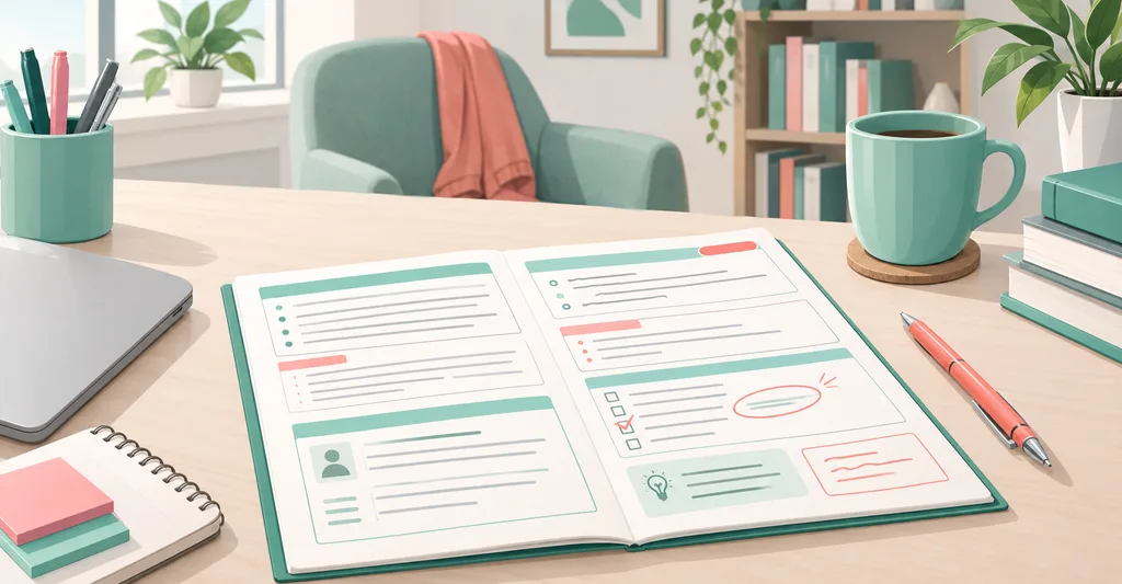 Profesional de psicología revisando notas y preguntas pendientes antes de una sesión en una consulta.